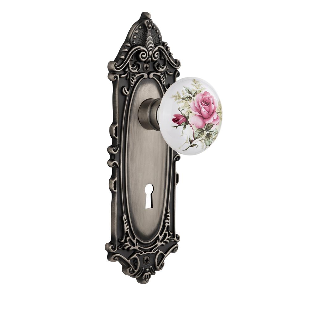 Nostalgic Warehouse VICROS Mortise Victorian Plate with Rose Porcelain Knob with keyhole in Antique Pewter
